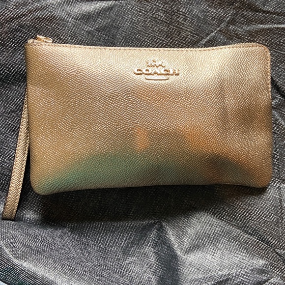 Coach Handbags - Coach crossgrain metallic pale gold large corner zip Wristlet